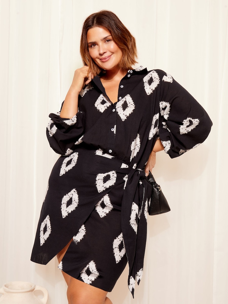 Curves Like These Black Cotton Linen Mix Tie Side Button Through Shirt Dress - Image 1 of 4
