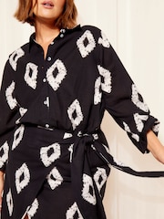 Curves Like These Black Cotton Linen Mix Tie Side Button Through Shirt Dress - Image 4 of 4
