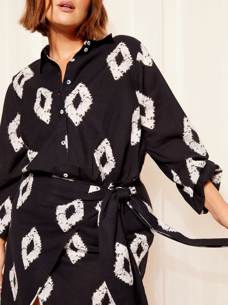 Curves Like These Black Cotton Linen Mix Tie Side Button Through Shirt Dress - Image 4 of 4