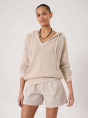 Hush Natural Leni Open Stitch Cotton V-Neck Hoodie - Image 1 of 5
