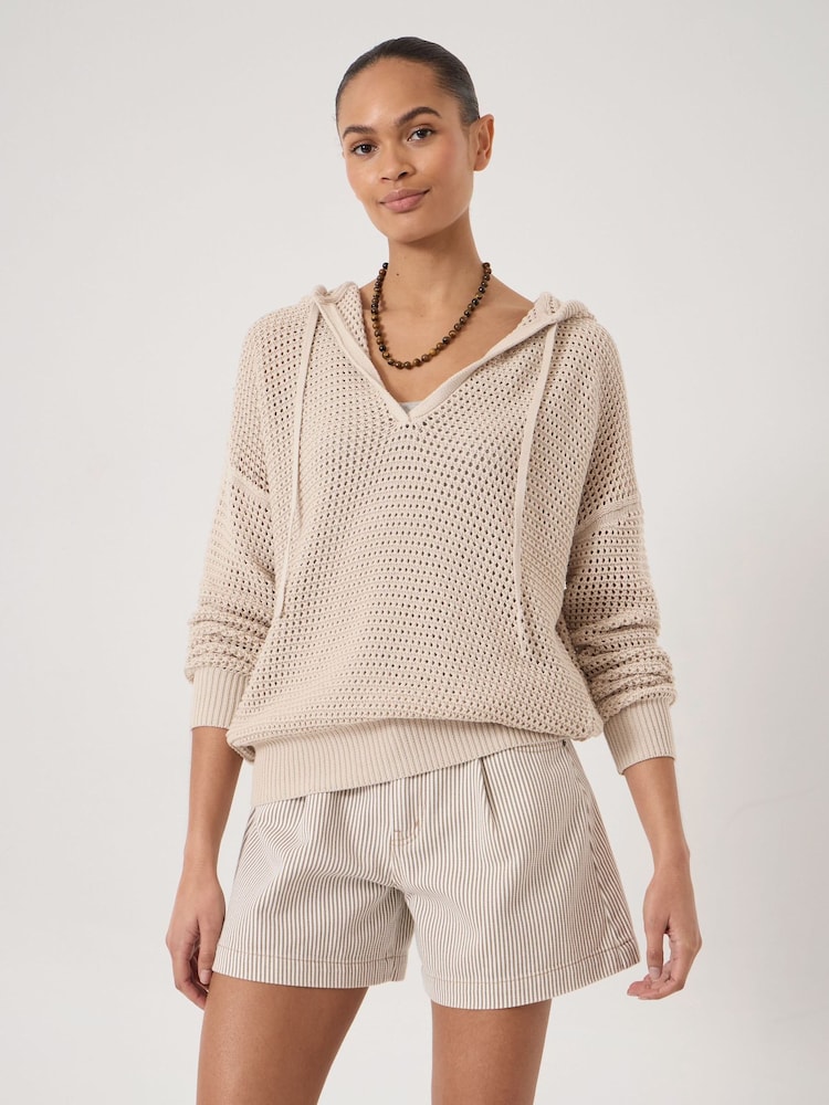 Hush Natural Leni Open Stitch Cotton V-Neck Hoodie - Image 1 of 5
