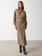 Pretty Lavish Brown Aidan Contrast Knit Wrap Midi Dress - Image 1 of 3