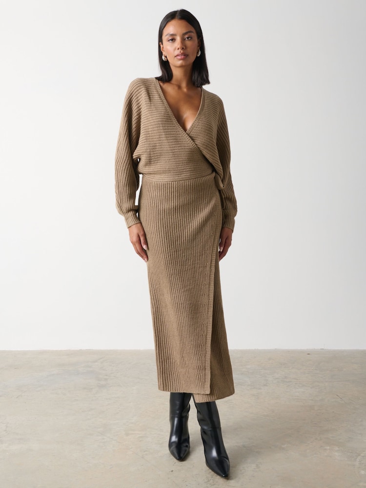 Pretty Lavish Brown Aidan Contrast Knit Wrap Midi Dress - Image 1 of 3