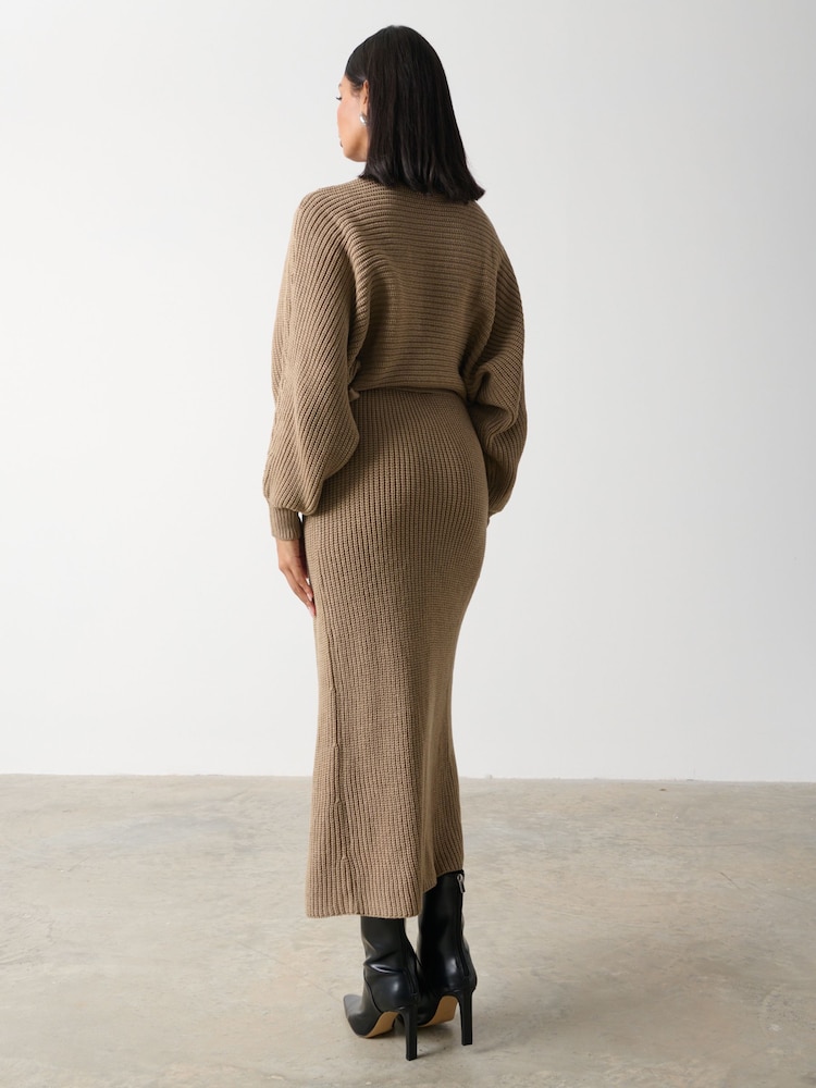 Pretty Lavish Brown Aidan Contrast Knit Wrap Midi Dress - Image 2 of 3
