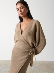 Pretty Lavish Brown Aidan Contrast Knit Wrap Midi Dress - Image 3 of 3