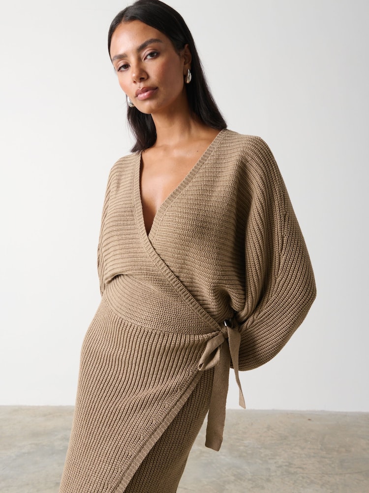 Pretty Lavish Brown Aidan Contrast Knit Wrap Midi Dress - Image 3 of 3