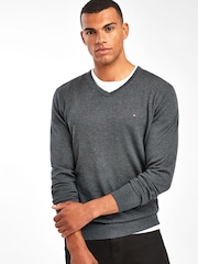 Tommy Hilfiger Grey Core Cotton Silk V-Neck Sweater - Image 1 of 5