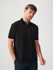 Black Flocked 100% Cotton Short Sleeve Smart Collar Polo Shirt - Image 3 of 8