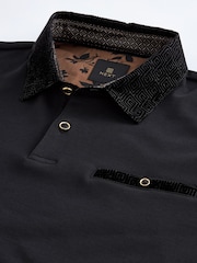 Black Flocked 100% Cotton Short Sleeve Smart Collar Polo Shirt - Image 7 of 8