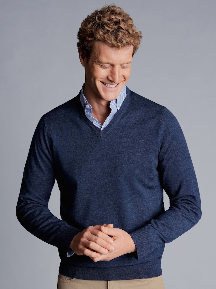 Charles Tyrwhitt Blue Pure Merino V-Neck Jumper - Image 1 of 4