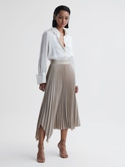 Reiss Champagne Jodie Pleated Asymmetric Midi Skirt - Image 1 of 4