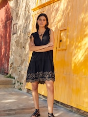 Black/Brown Embroidered Hem Tiered Mini Dress - Image 2 of 5