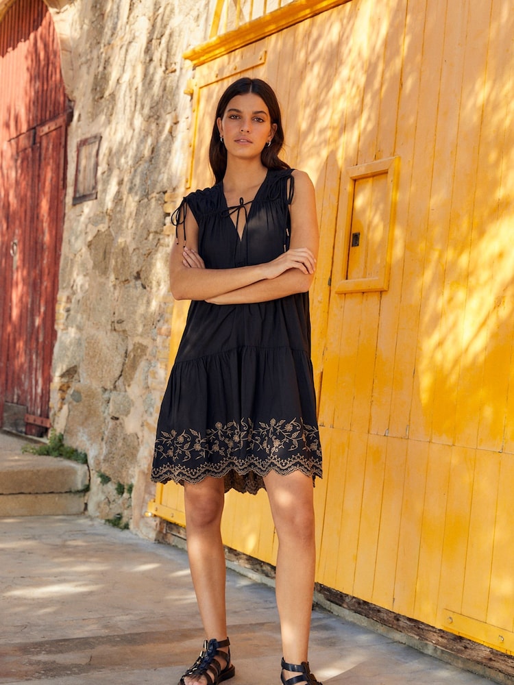Black/Brown Embroidered Hem Tiered Mini Dress - Image 2 of 5