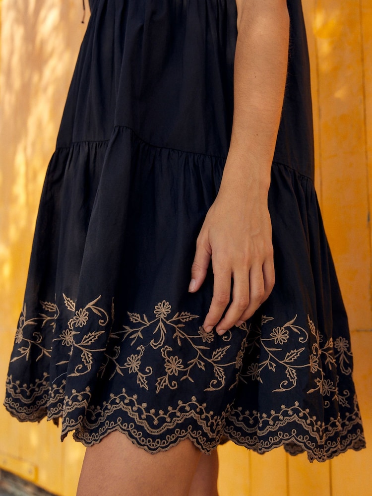 Black/Brown Embroidered Hem Tiered Mini Dress - Image 5 of 5