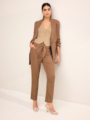 Camel Brown Twill Belted Tapered Trousers - Image 1 of 6