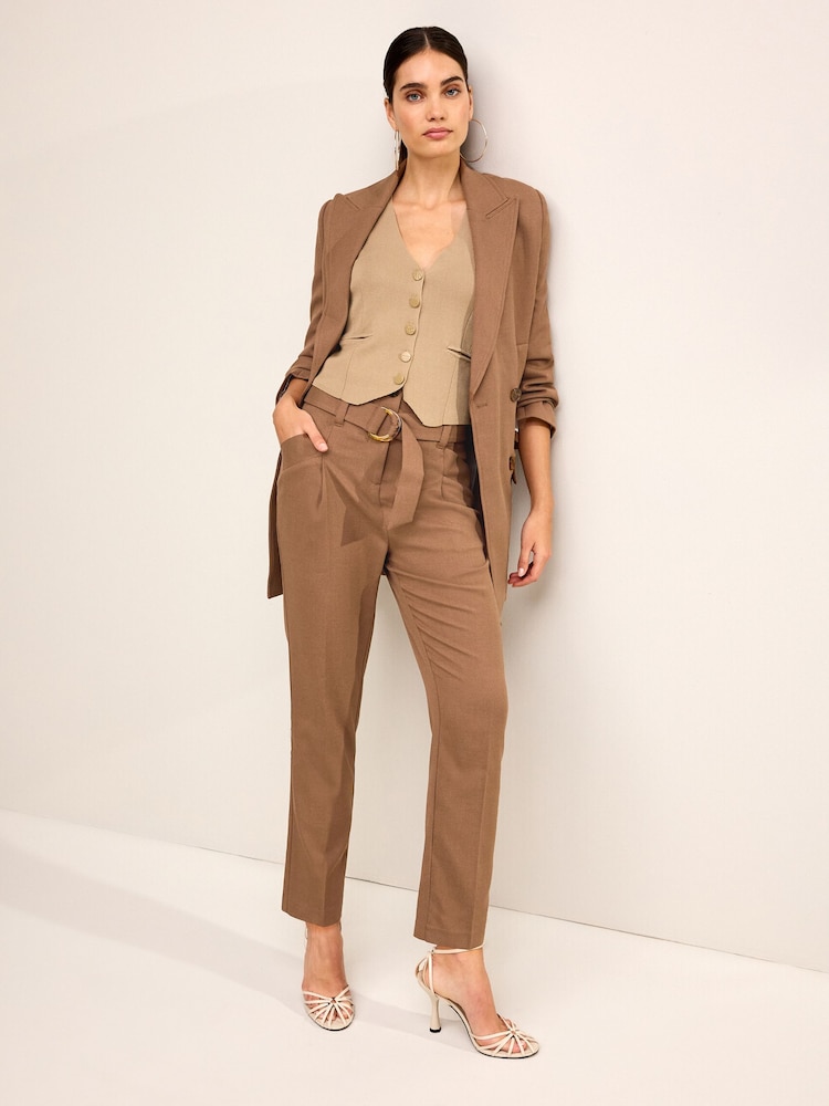 Camel Brown Twill Belted Tapered Trousers - Image 1 of 6