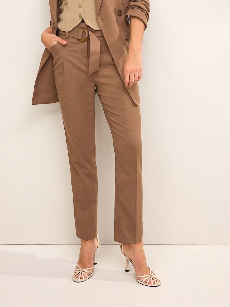 Camel Brown Twill Belted Tapered Trousers - Image 2 of 6