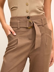 Camel Brown Twill Belted Tapered Trousers - Image 4 of 6