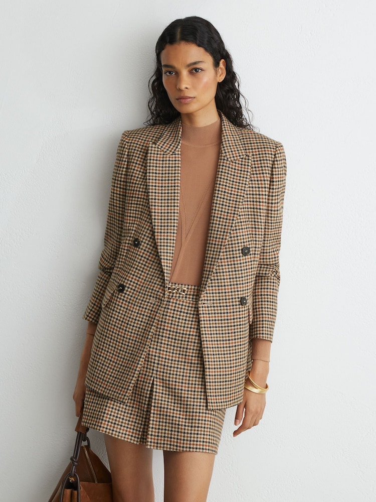 Reiss Neutral Check Willow Wool Check Hardware-Detail Mini Skirt - Image 1 of 6