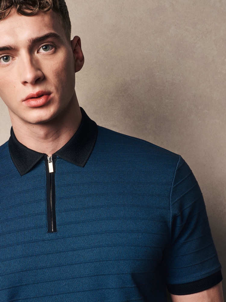 Black/Blue Zip Neck Smart Polo Shirt - Image 1 of 9