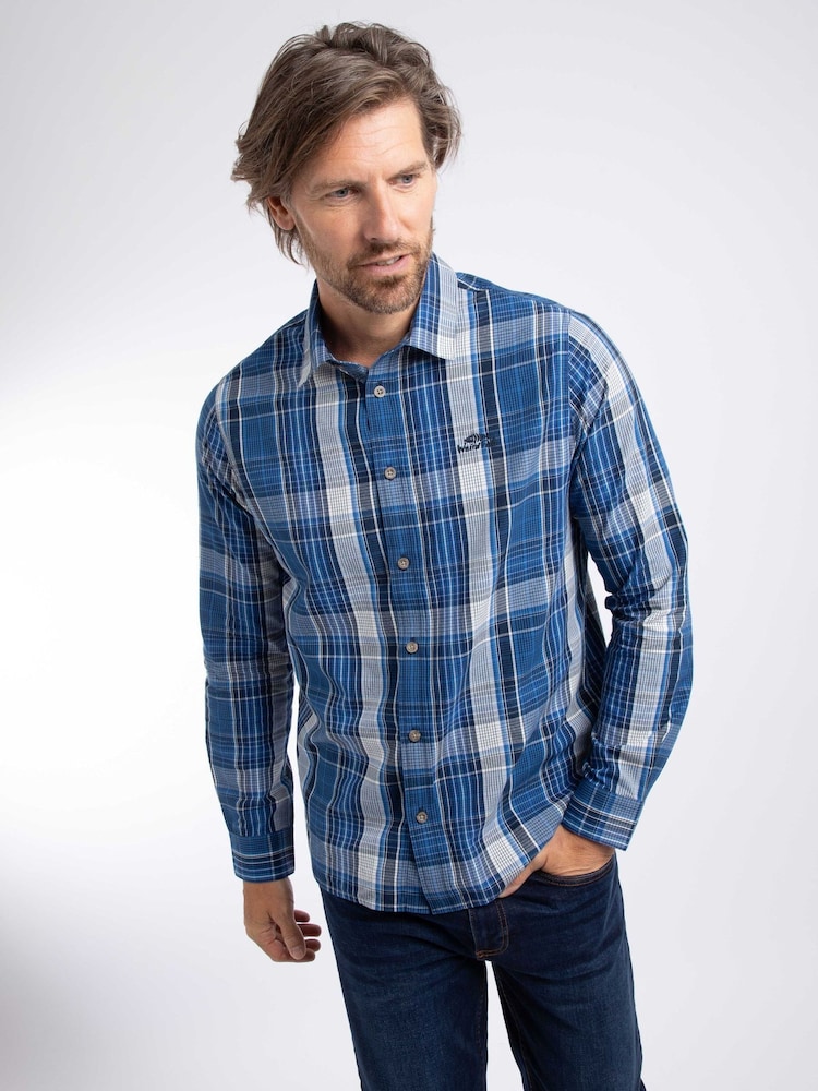Weird Fish Dark Blue Lando Long Sleeve Check Shirt - Image 1 of 6 Weird Fish Dark Blue Lando Long Sleeve Check Shirt - Image 1 of 6