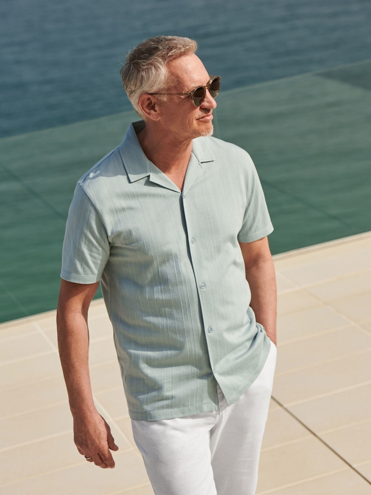 Light Blue Smart Jersey Short Sleeve Cuban Collar Shirt - Image 1 of 7