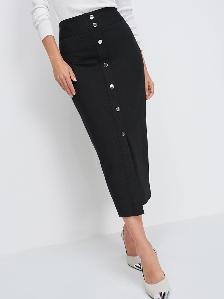 Black Tailored Gold Button Detail Midi Skirt - Image 4 of 6