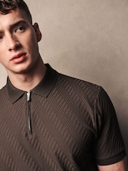 Chocolate Brown Slim Fit Smart Zip-Neck Polo Shirt - Image 10 of 15