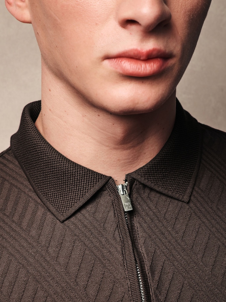Chocolate Brown Slim Fit Smart Zip-Neck Polo Shirt - Image 15 of 15