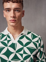 Green Cuban Collar Pattern 100% Cotton Polo Shirt - Image 1 of 7