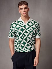 Green Cuban Collar Pattern 100% Cotton Polo Shirt - Image 2 of 7