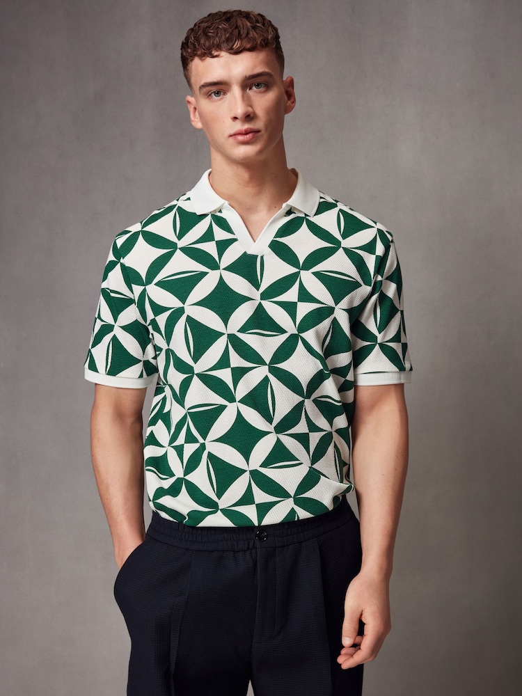Green Cuban Collar Pattern 100% Cotton Polo Shirt - Image 2 of 7