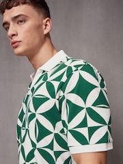 Green Cuban Collar Pattern 100% Cotton Polo Shirt - Image 4 of 7