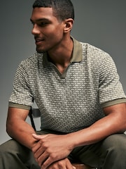 Olive Green Cuban Collar Textured 100% Cotton Short Sleeve Polo Shirt - Image 1 of 9