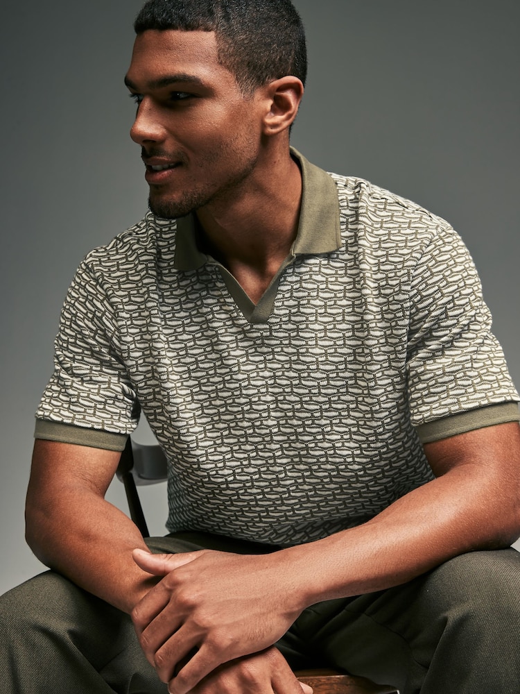 Olive Green Cuban Collar Textured 100% Cotton Short Sleeve Polo Shirt - Image 1 of 9