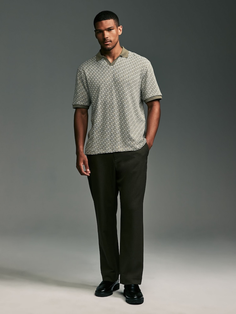 Olive Green Cuban Collar Textured 100% Cotton Short Sleeve Polo Shirt - Image 2 of 9