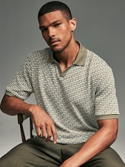 Olive Green Cuban Collar Textured 100% Cotton Short Sleeve Polo Shirt - Image 4 of 9