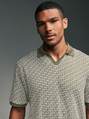 Olive Green Cuban Collar Textured 100% Cotton Short Sleeve Polo Shirt - Image 5 of 9