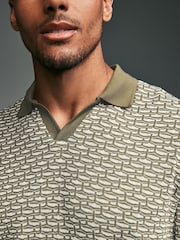 Olive Green Cuban Collar Textured 100% Cotton Short Sleeve Polo Shirt - Image 6 of 9