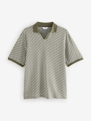 Olive Green Cuban Collar Textured 100% Cotton Short Sleeve Polo Shirt - Image 7 of 9