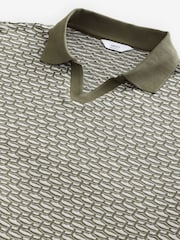 Olive Green Cuban Collar Textured 100% Cotton Short Sleeve Polo Shirt - Image 8 of 9