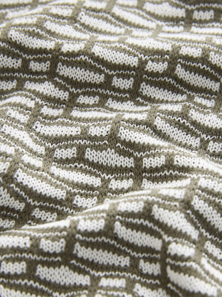 Olive Green Cuban Collar Textured 100% Cotton Short Sleeve Polo Shirt - Image 9 of 9
