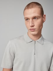Grey Knitted Regular Fit Zip Polo Shirt - Image 1 of 8