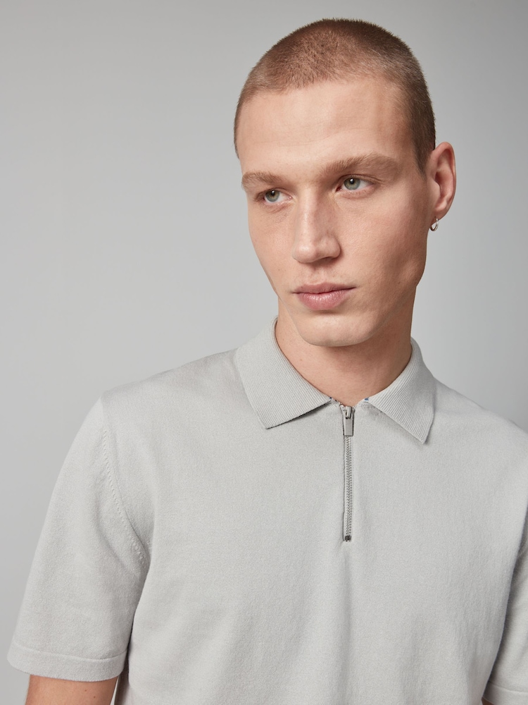 Grey Knitted Regular Fit Zip Polo Shirt - Image 1 of 8