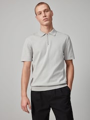Grey Knitted Regular Fit Zip Polo Shirt - Image 3 of 8