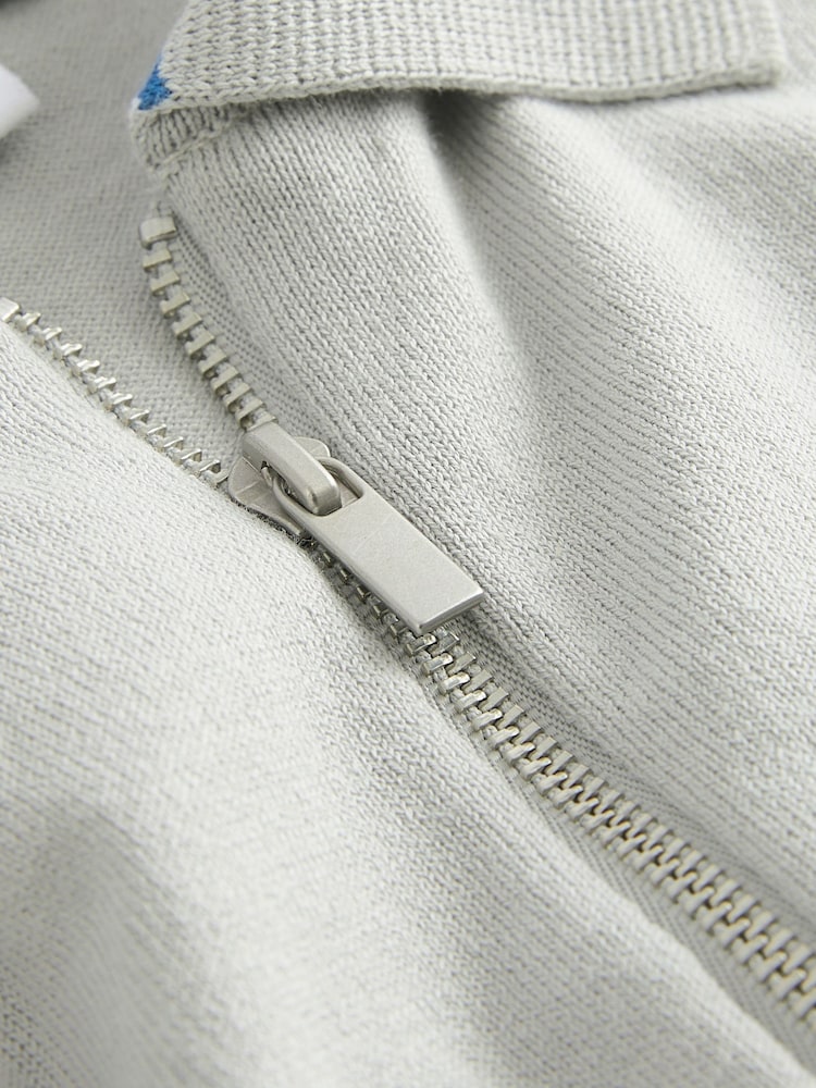 Grey Knitted Regular Fit Zip Polo Shirt - Image 8 of 8