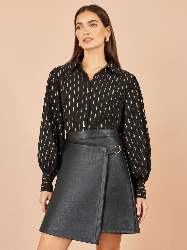 Yumi Black Faux Leather Wrap Skirt - Image 1 of 4 Yumi Black Faux Leather Wrap Skirt - Image 1 of 4
