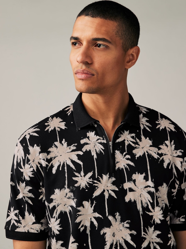 Black/White Palm 100% Cotton Short Sleeve Print Polo Shirt - Image 1 of 8