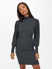 ONLY Grey Puff Sleeve Knitted Jumper Dress - Image 3 of 4