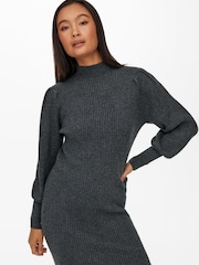 ONLY Grey Puff Sleeve Knitted Jumper Dress - Image 4 of 4